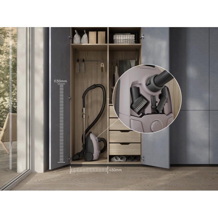 Compact design that’s easy to store, with on-board accessories kept within reach.