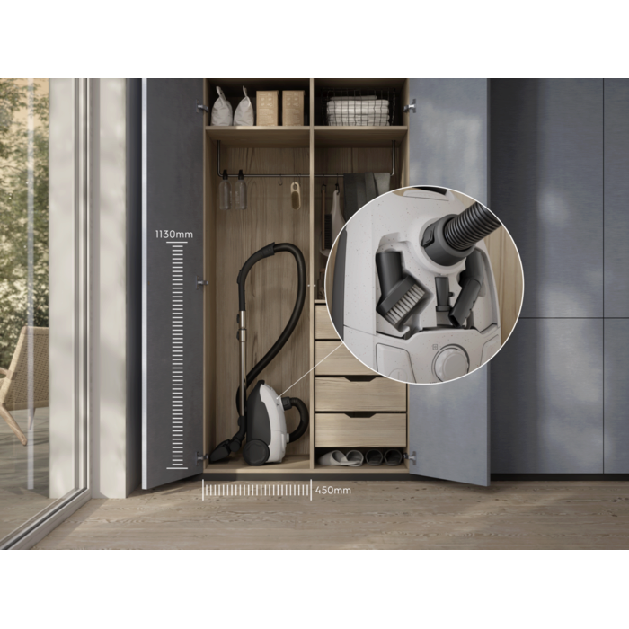 Compact design that’s easy to store, with on-board accessories kept within reach.