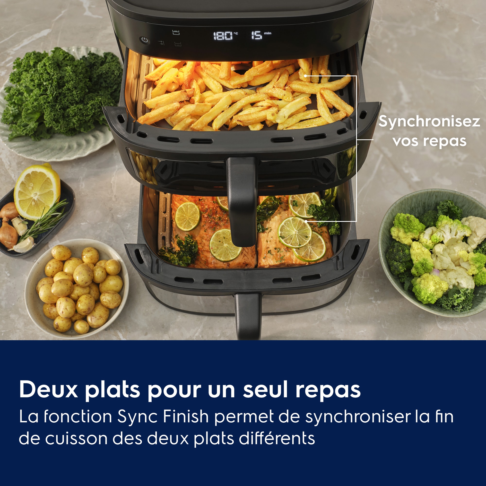 Deux plats pour un seul repas La fonction Sync Finish permet de synchroniserla fin de cuisson des deux plats différents.     Synchronisezvosrepas
