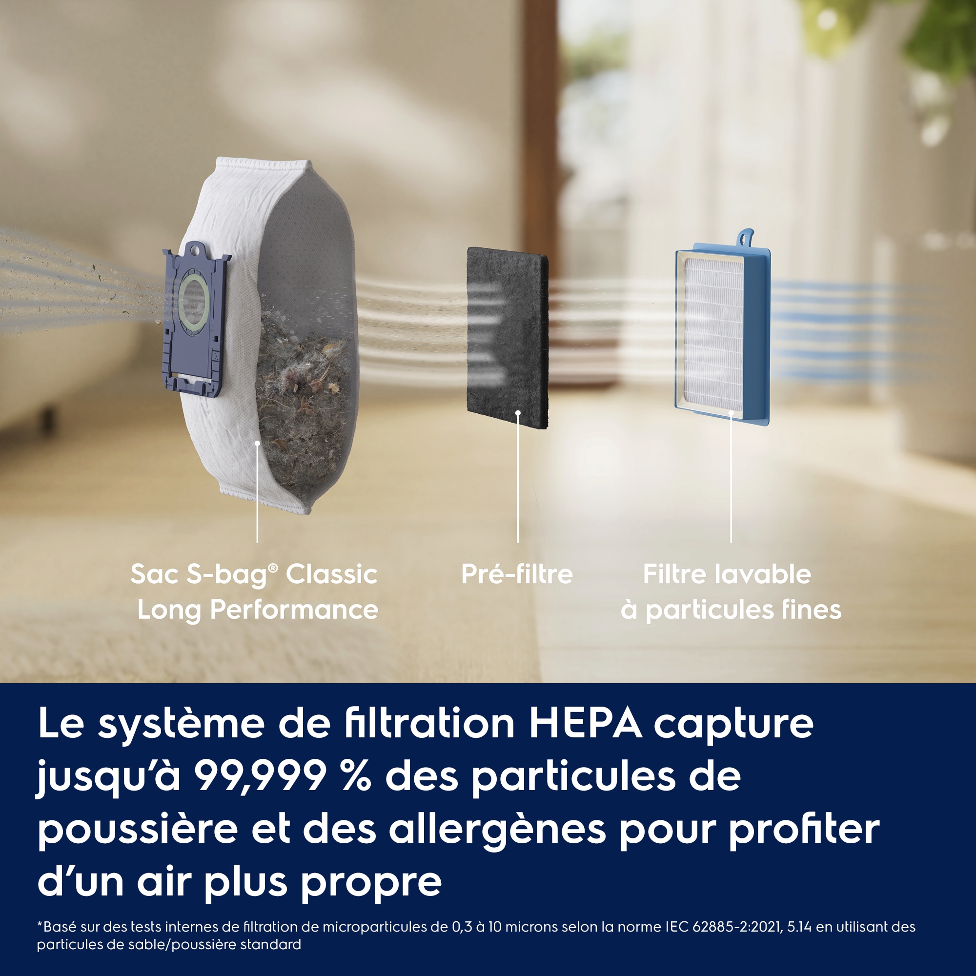 Le système de filtration HEPA capture jusqu’à 99,999 % des particules de poussière et des allergènes pour profiter d’un air plus propre     *Basé sur des tests internes de filtration de microparticules de 0,3 à 10 microns selon la norme IEC 62885-2:2021, 5.14 en utilisant des particules de sable/poussière standard Sac S-bag® Classic Long Performance Pré-filtre Filtre lavable à particules fines