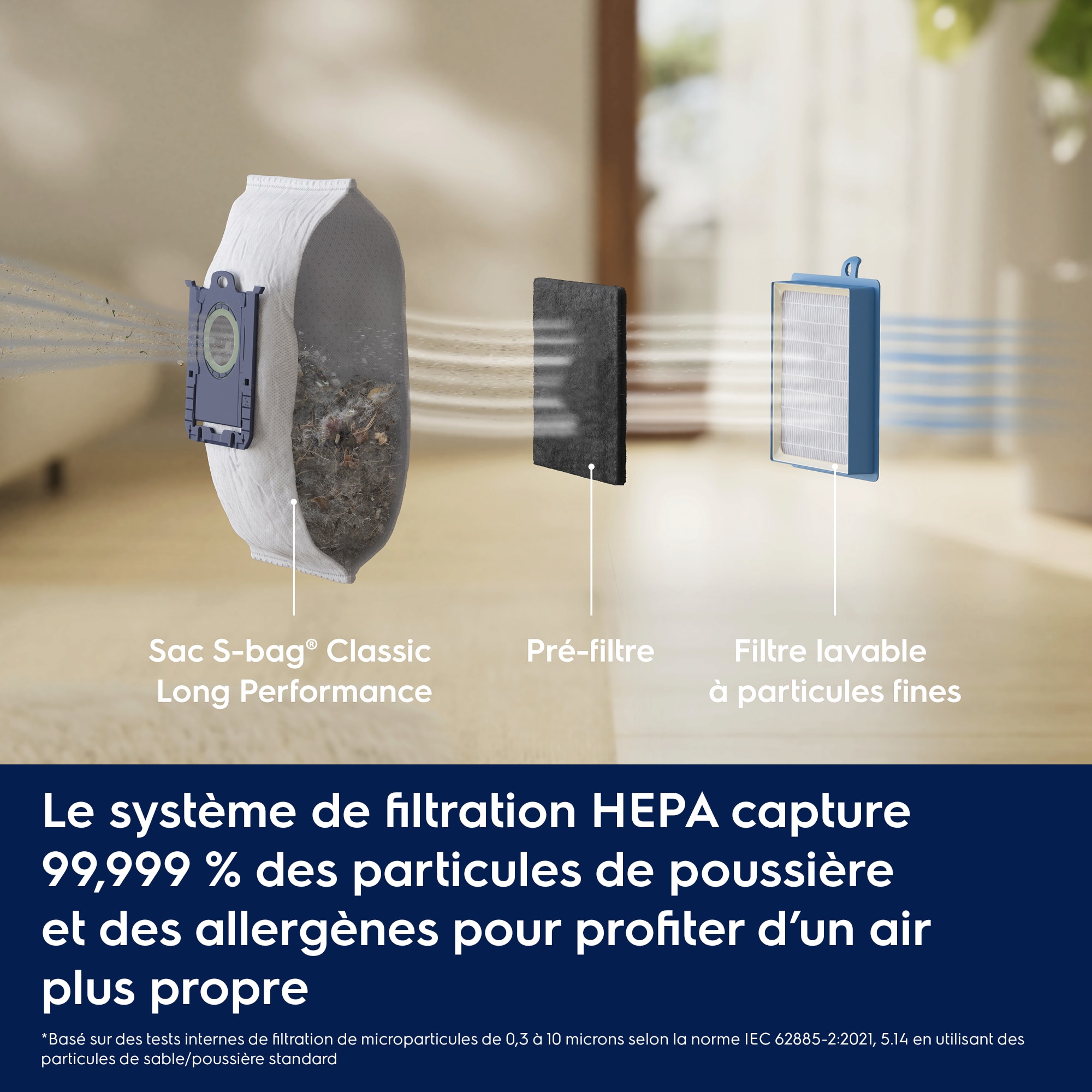 Le système de filtration HEPA capture 99,999 % des particules de poussière et des allergènes pour profiter d’un air plus propre     *Basé sur des tests internes de filtration de microparticules de 0,3 à 10 microns selon la norme IEC 62885-2:2021, 5.14 en utilisant des particules de sable/poussière standard Sac S-bag® Classic Long Performance Pré-filtre Filtre lavable à particules fines
