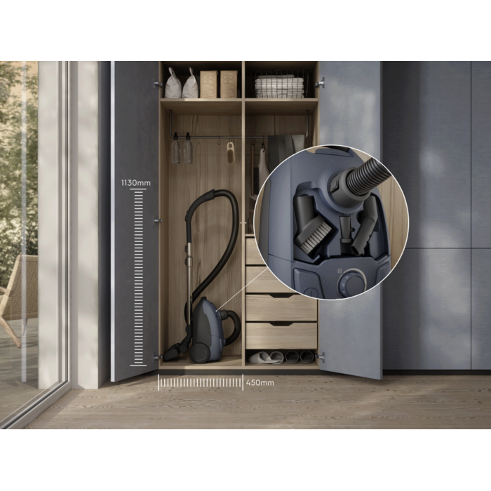 Compact design that’s easy to store, with on-board accessories kept within reach.