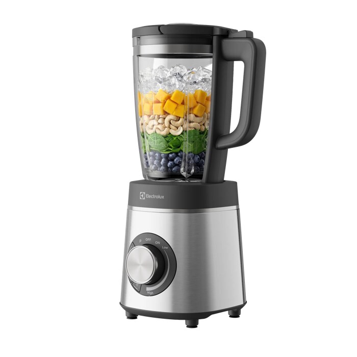 3Q image of blender with fruit, nuts and ice