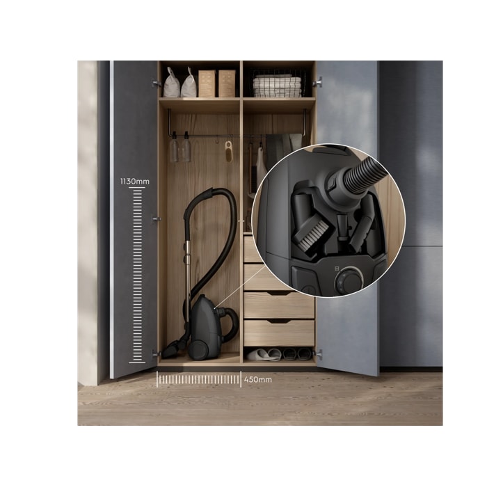 Compact design that’s easy to store, with on-board accessories kept within reach.