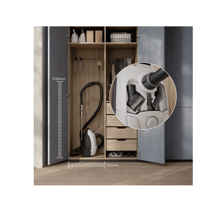 Compact design that’s easy to store, with on-board accessories kept within reach.