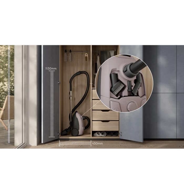 Compact design that’s easy to store, with on-board accessories kept within reach.