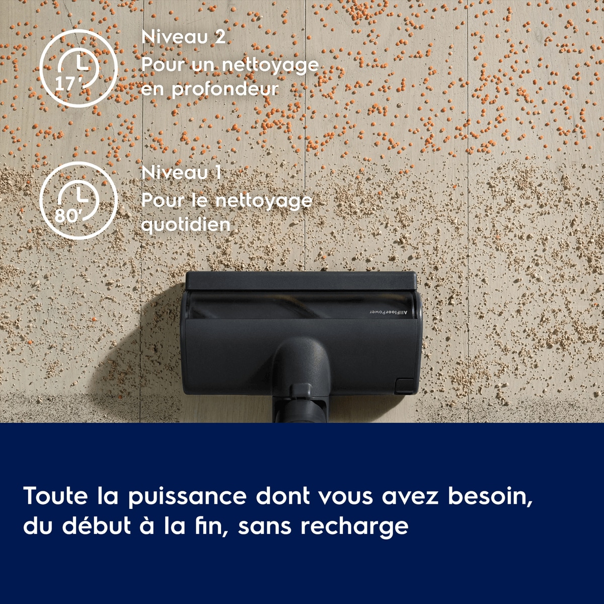 Toute la puissance dont vous avez besoin, du début à la fin, sans recharge.
      Niveau 2
Pour un nettoyage en profondeur
 Niveau 1
Pour le nettoyage quotidien