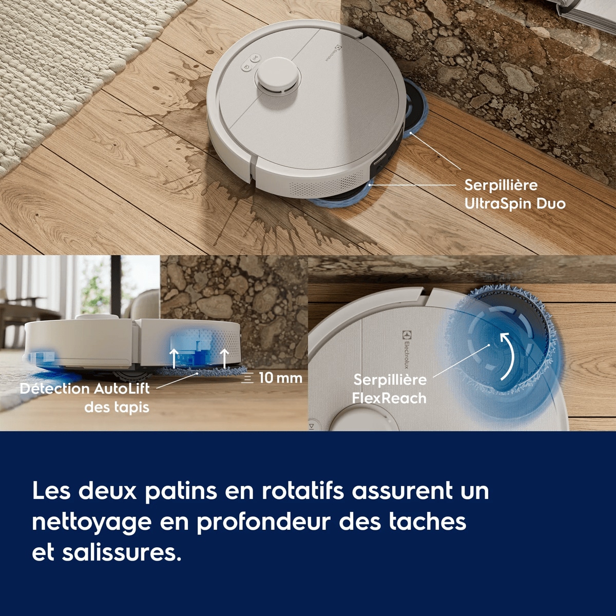 Les deux tampons rotatifs assurent un nettoyage en profondeur des taches et salissures      Serpillière UltraSpin Duo Détection AutoLift des tapis  Serpillière FlexReach