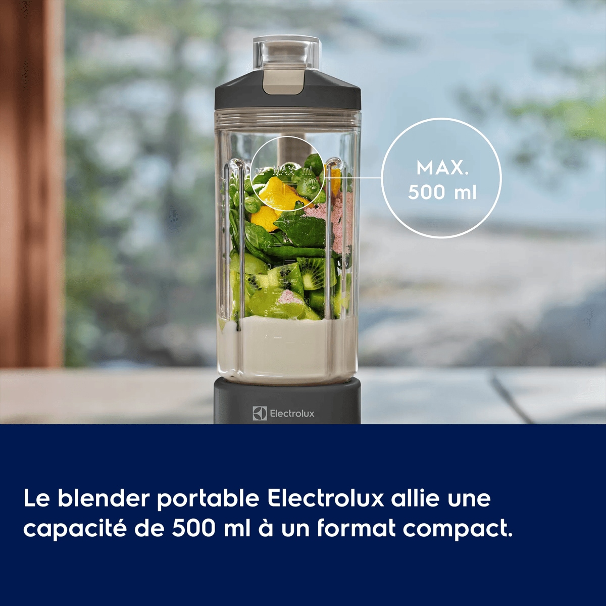 Le blender portable Electrolux allie une capacité de 500 ml à un format compact
     MAX. 500 ml