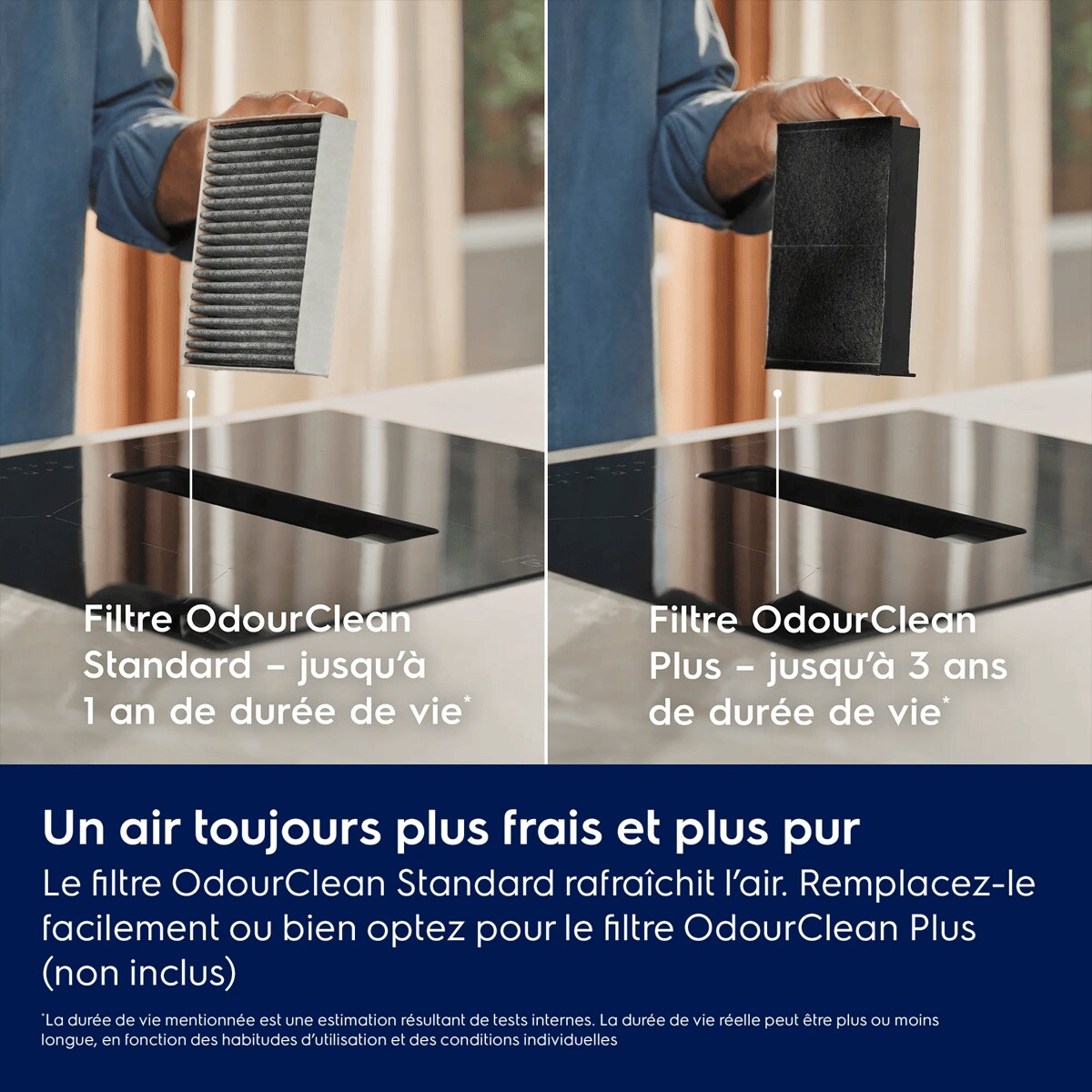 Un air toujours plus frais et plus pur
 Le filtre OdourClean Standard rafraîchit l’air. Remplacez-le facilement ou passez au filtre Plus.    

*La durée de vie mentionnée est une estimation résultant de tests internes. La durée de vie réelle peut être plus ou moins longue, 
en fonction des habitudes d’utilisation et des conditions individuelles. Filtre OdourClean Standard – jusqu’à 1 an de durée de vie* Filtre OdourClean Plus – jusqu’à 3 ans de durée de vie*