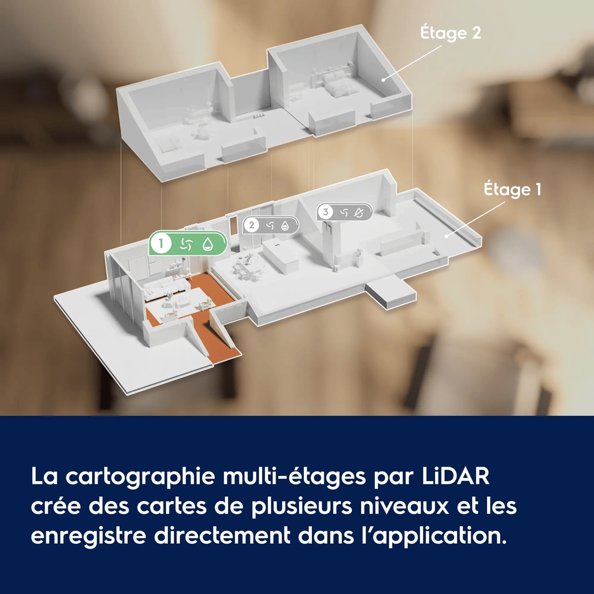 La cartographie multi-étages par LiDAR crée des cartes de plusieurs niveaux et les enregistre directement dans l’application      Étage 2 Étage 1