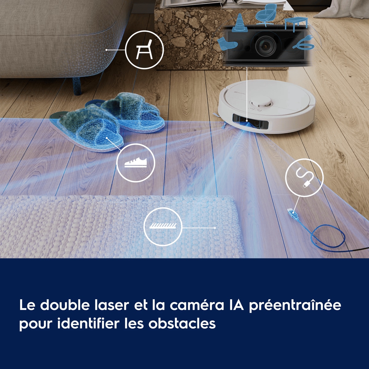 Laser à double ligne et caméra IA préentraînée pour identifier les obstacles
