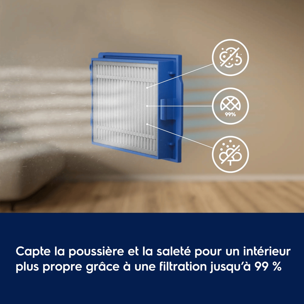 Capture poussières et saletés pour un intérieur plus propre grâce à une filtration jusqu’à 99 %