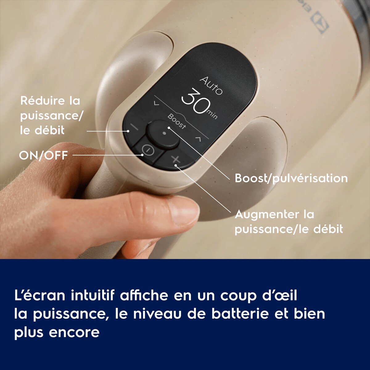 L’écran intuitif affiche en un coup d’œil la puissance, le niveau de batterie et bien plus encore.
      Réduire la puissance/le débit
 ON/OFF Boost/pulvérisation Augmenter la puissance/le débit