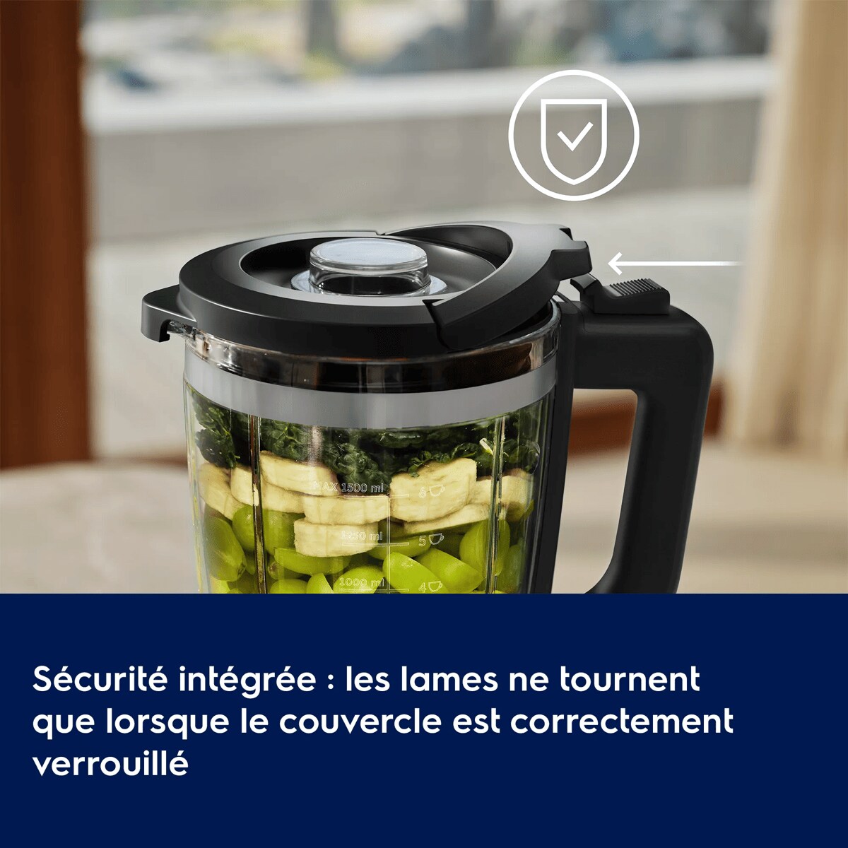 Sécurité intégrée : les lames ne tournent que lorsque le couvercle est correctement verrouillé.