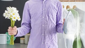 Homme portant une chemise moitié lisse moitié froissée. Preuve de l'efficacité de SteamCare.