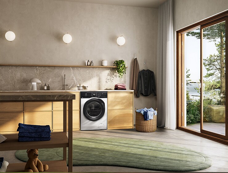 Washing machine and some laundry in a large room